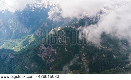 Scenic Paradisiac Landscape View Of Albanian Alps Mountains. Traveling, Exploring, Holiday Concept