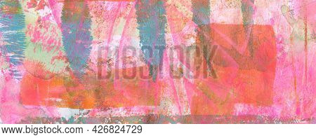 Abstract color acrylic and watercolor blot painting. Monoprint template. Canvas texture long horizontal background.
