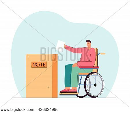 Disabled Person On Wheelchair Putting Voting Paper In Ballot Box. Handicapped Man At Polling Station