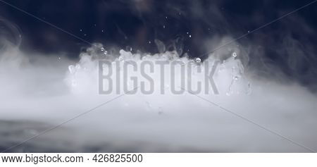 Abstract Banner. Real Mystic Smoke Cloud Water Drops Blast, Steam Flying Motion, Dark Background. Ch