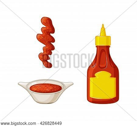 Hot Chili Sauce Bottle. A Set Of Sauce Pan And Sauce Stain. Food Icon Set With Label Package, Mock U
