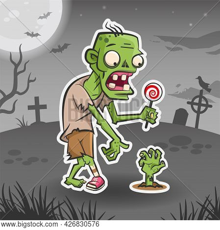 Zombie Cartoon Character. Halloween Sticker. Halloween Monster. Vector Holiday Illustration For Stic