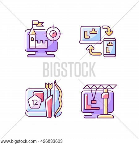 Online Playing Rgb Color Icons Set. Isolated Vector Illustrations. Users Have Special Role In Scenar