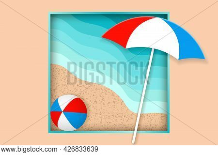 Summer Holiday Concept. Beach Umbrellal And Bright Ball On The Seacoast
