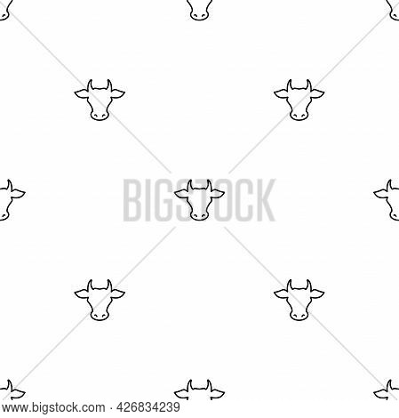 Seamless Ornament With Cow Head. Line Pattern. Farm Animal. Beef, Milk, Lactose Wallpaper. Vector Il