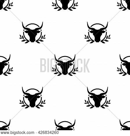 Seamless Ornament With Bull Head And Laurel. Ox, Cow Pattern. Best Farm Animal. Beef, Milk, Lactose 