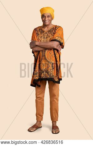 Mixed Indian senior man wearing a yellow turban and a dashiki mockup