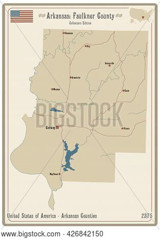 Map On An Old Playing Card Of Faulkner County In Arkansas, Usa.