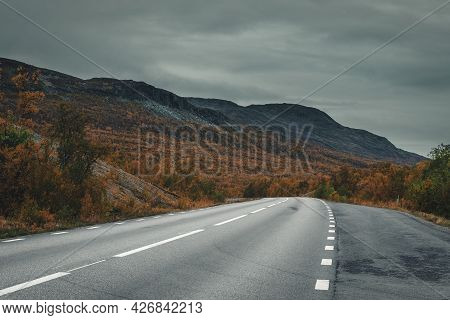Road By A Lake Tornetrask  In The Abisko National Park In Sweden During Golden Autumn