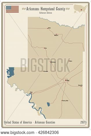 Map On An Old Playing Card Of Hempstead County In Arkansas, Usa.
