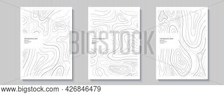 Set Of Topography Flyers. Outline Cartography Landscape. Collection Of Three Banners With Topography