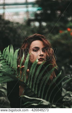 Girl With A Large Fern Leaf. Mavka. Fern. Greenery, Freshness, Forest.