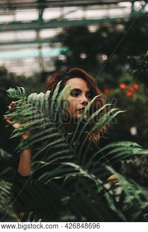 Girl With A Large Fern Leaf. Mavka. Fern. Greenery, Freshness, Forest.