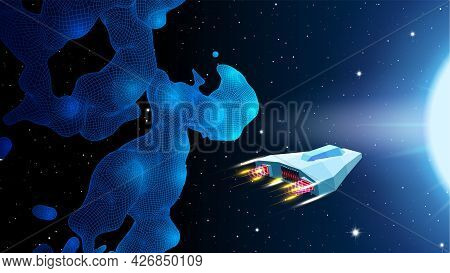 Arcade Space Ship Flying To The Cave Gateway In Blue Corridor 3d Landscape, 80s Style Synthwave Or R