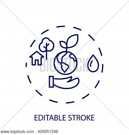 Planet Care And Eco Friendly Home Outline Concept Icon. House With Trees. Customizable Linear Contou