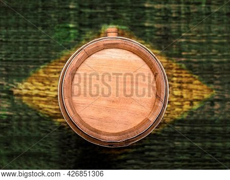 Oak Barrel With Brazilian Flag Texture In Yellow And Green In The Background, 