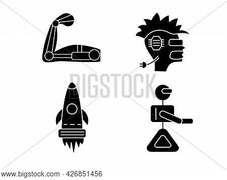 Cyberpunk Glyph Icons Set. Futuristic Robot And Spaceship. Exoskeleton And High Tech Technology. Hea