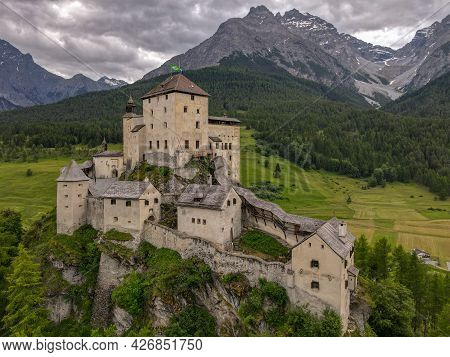 Drone View At Tarasp Castle In The Swiss Alps