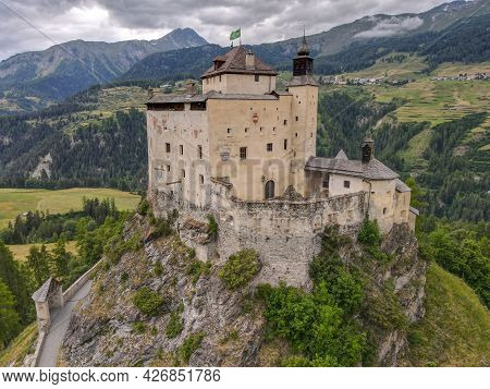 Drone View At Tarasp Castle In The Swiss Alps