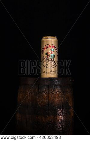 Can Of Birra Moretti Beer On Wooden Barrel With Dark Background. Illustrative Editorial Photo Buchar