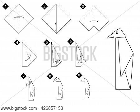Step By Step How To Make Origami Penguin Bird . Vector Monochrome Instructions Illustration. Black A