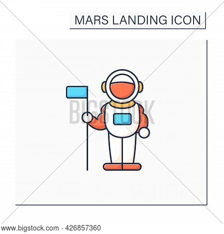 Astronaut Color Icon. Spaceman Keeps Flag. Visit Note. Planet Research. Mars Landing Concept. Isolat