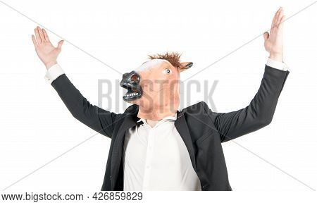 Hardworking Man Businessman Wear Weird Horse Head Mask In Formalwear Isolated On White, Workhorse