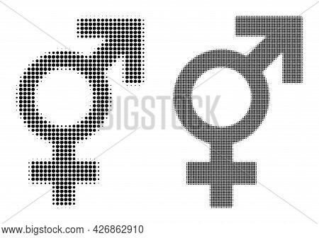 Dot Halftone Sex Symbol Icon. Vector Halftone Pattern Of Sex Symbol Created Of Spheric Pixels.