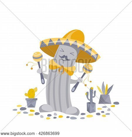 Stock Vector Illustration Funny Cactus With Maracas In Sombrero