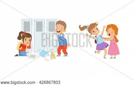 Bullying At School Concept, Boys And Girls Mocking Classmates And Fighting Cartoon Vector Illustrati