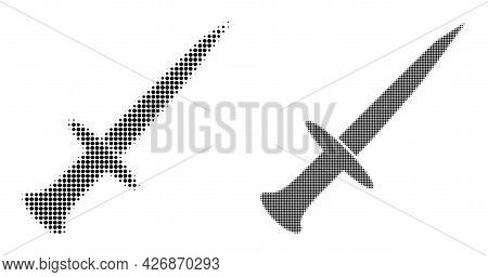 Pixel Halftone Sword Icon. Vector Halftone Pattern Of Sword Icon Created Of Circle Elements.