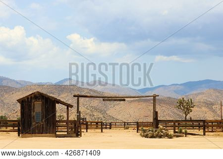 July 14, 2021 In Pioneertown, Ca:  Rustic Wooden Entrance And Fences Taken At An Equestrian Corral I