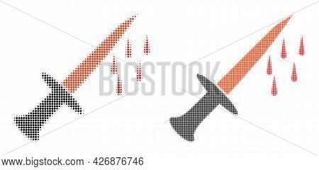 Pixel Halftone Blood Sword Icon. Vector Halftone Composition Of Blood Sword Icon Combined Of Round P