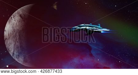 Alien Planet 3d Illustration - A Starship Nears An Alien Planet And Its Moon On An Exploratory Visit