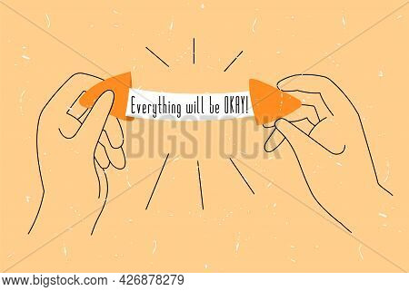Vector Illustration With Linear Hands Holding A Broken Fortune Cookie. There Is Empty Space For Text