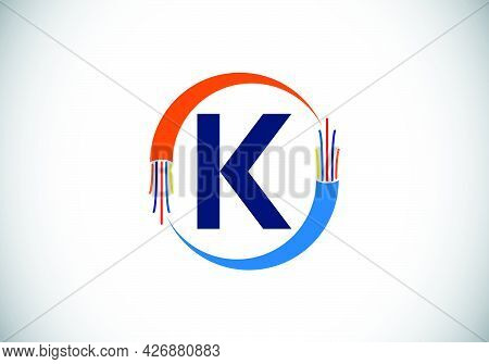 Initial K Monogram Letter Alphabet With Electric Wire, Optical Fiber Cable. Font Emblem. Modern Vect