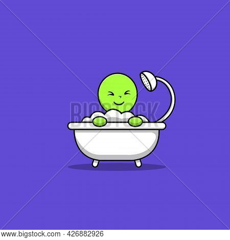 Cute Alien Bathing Shower In Bathtub Cartoon Vector Icon Illustration. Animal Love Icon Concept Isol