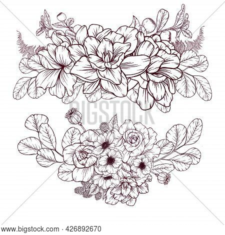 Elegant Black Line Gardenia Bouquets, Rustic Garden Wedding Design Elements, Anemone Florals, Forest