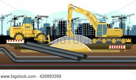 Industrial Pipeline Laying. Construction Of New Quarters. Excavation And Laying Of Underground Pipes