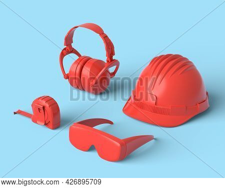 Isometric View Of Monochrome Construction Tools For Repair And Installation On Blue And Redbackgroun