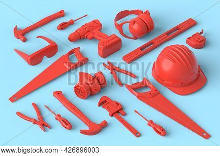 Isometric View Of Monochrome Construction Tools For Repair And Installation On Blue And Redbackgroun