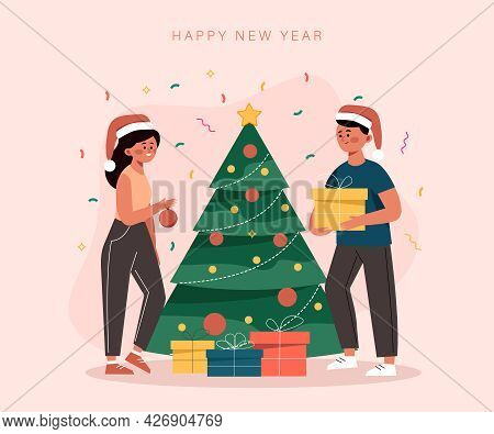 Christmas card. people decorate the tree and give presents for the new year. Merry christmas and happy new year banner 2022. Christmas background. Merry Christmas card with gold snowflakes vector Illustration. Merry Christmas card vector Illustration.Chri