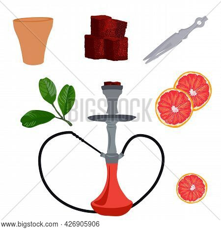 Hookah Vector Stock Illustration. Pipe, Charcoal Briquettes, Hose, Tobacco. A Set For A Bar. Isolate
