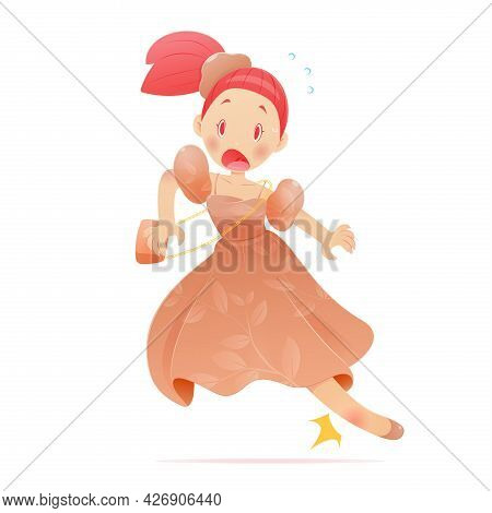 Cartoon Young Woman In Orange Dress With An Injured Ankle While Running. Vector Illustration And Car