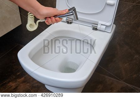 Woman With A Hygienic Shower Disinfects The Toilet Bowl, Close-up. Concept Of Work On Washing And Di