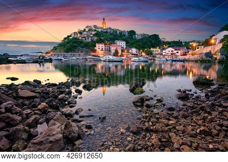 Vrbnik, Croatia. Cityscape Image Of Iconic Village Of Vrbnik, Croatia Located On Krk Island At Summe