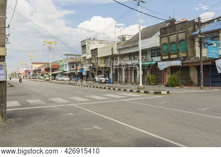 Trang, Thailand - January 1,2019 : View Of Ratsada Road In Kantang City, Trang, Thailand On January 