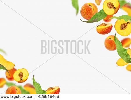 Flying Fresh Ripe Juicy Peaches With Green Leaves Isolated On Gray Background. Whole And Halved Peac