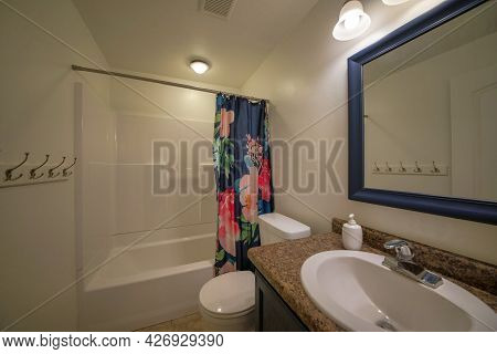 Interior Of A Windowless Bathroom With Brown And Blue Tones