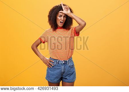 Arrogant And Confident Woman Not Talk With Losers. Mocking Self-assured Stylish African American Fem